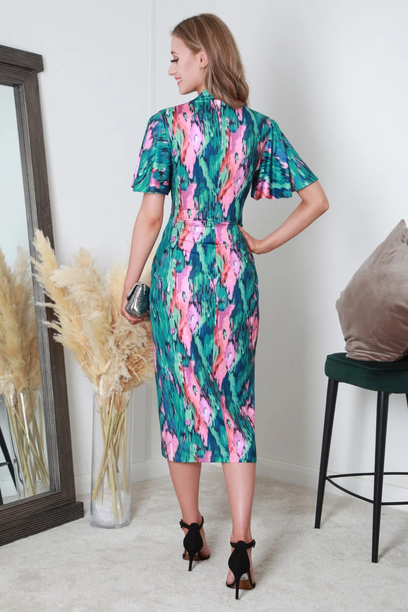 Double Second green pink blue abstract print Printed Bodycon Wrap Dress for Women | Best Price UAE