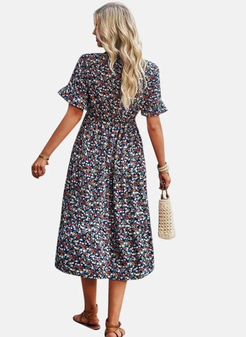 يونيكي Blue Printed A-Line Midi Dress