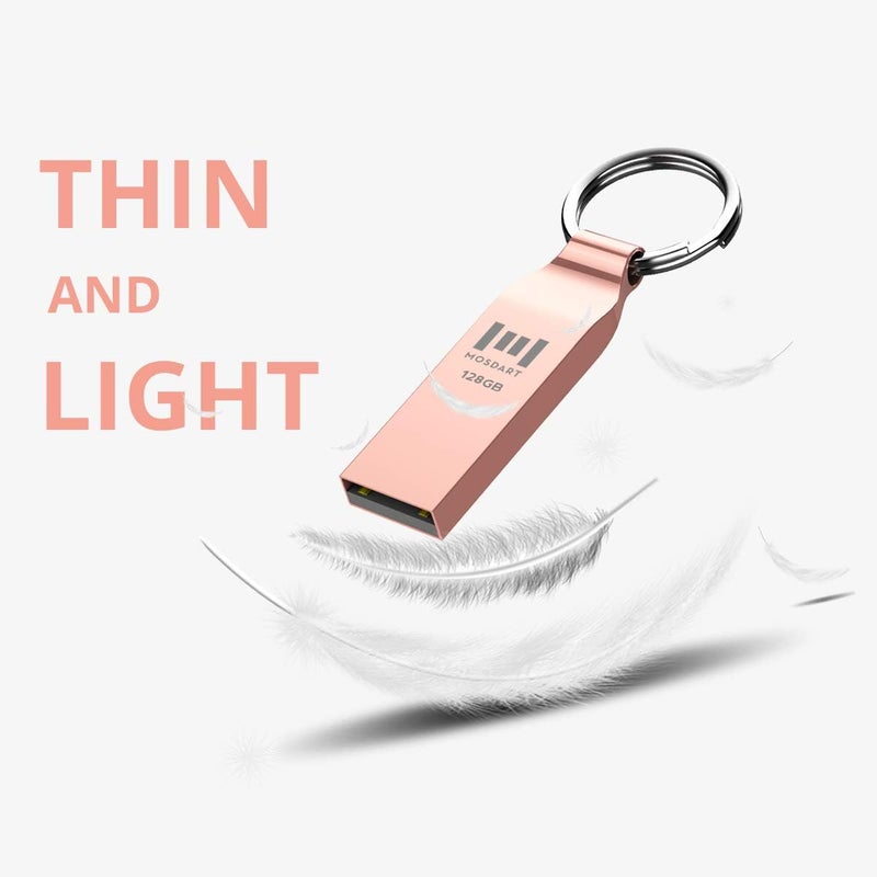 موس دارت محرك أقراص فلاش MOSDART مقاوم للماء 128GB USB2.0، exFAT، عصا ذاكرة معدنية مع سلسلة مفاتيح، للنسخ الاحتياطي للنظام، تخزين البيانات، ذهبي وردي - Image 3