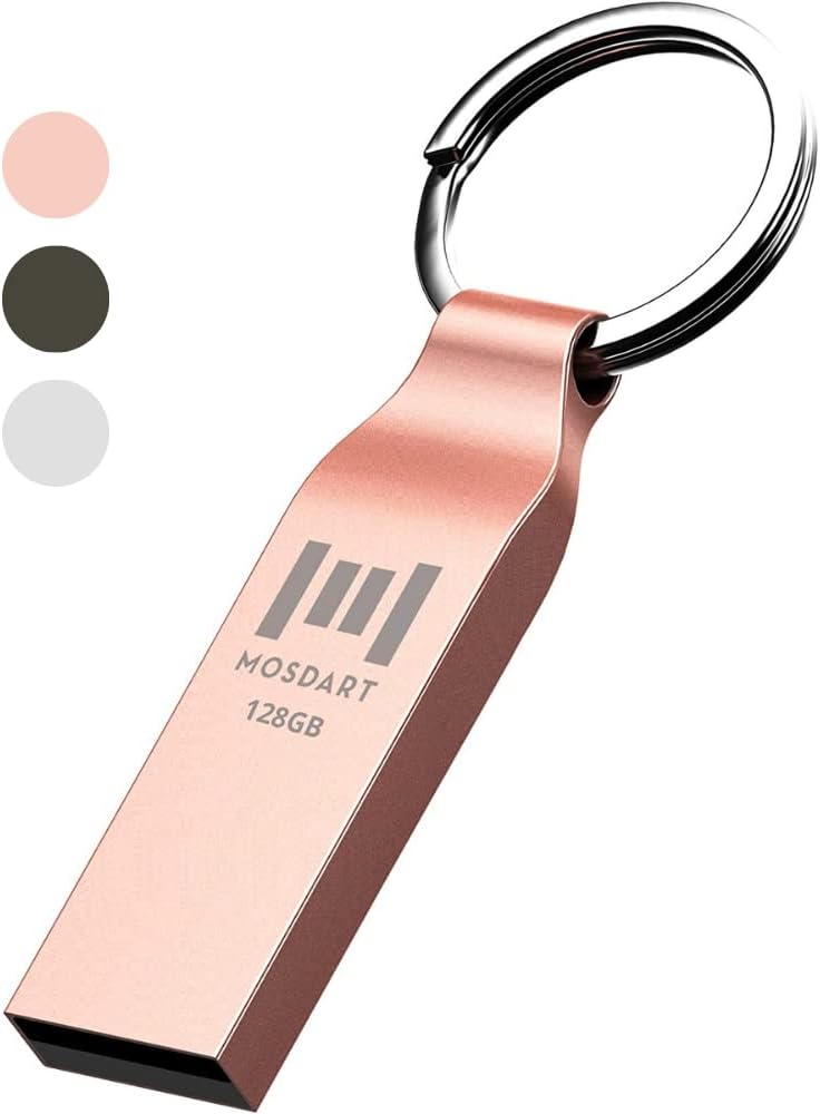 موس دارت محرك أقراص فلاش MOSDART مقاوم للماء 128GB USB2.0، exFAT، عصا ذاكرة معدنية مع سلسلة مفاتيح، للنسخ الاحتياطي للنظام، تخزين البيانات، ذهبي وردي - Image 1