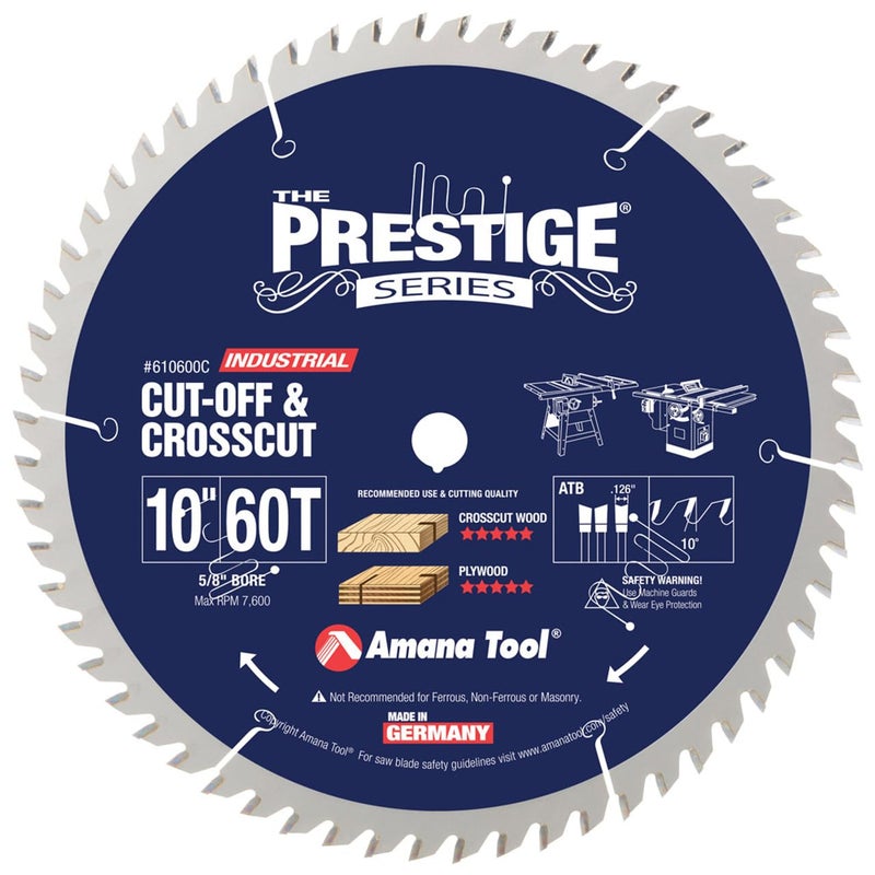 Amana Tool 610600C Carbide Tipped Prestige Cut-Off and Crosscut 10 Inch D x 60T ATB, 10 Deg, 5/8 Bore Circular Saw Blade - Image 1