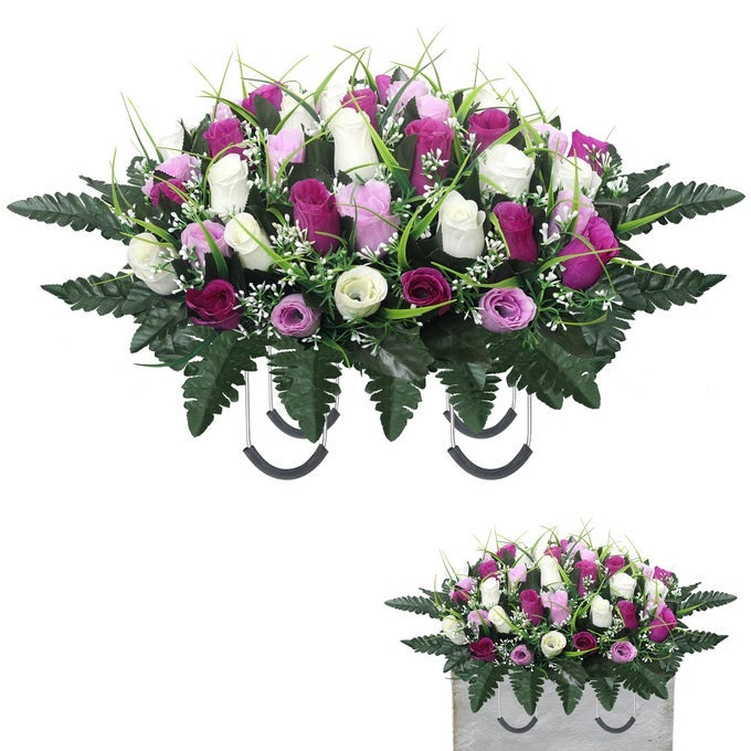 CEMETERY FLOWERS FOR GRAVEHEADSTONE FLOWER SADDLEFLOWERS FOR CEMETERY GRAVE DECORATION HEADSTONE FLOWER SADDLE FOR HEADSTONE DECORATIO PURPLE WHITE