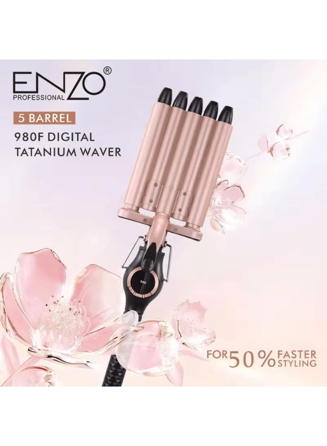 ENZO Professional إنزو EN-1970 مكواة شعر بخمسة أسطوانات - جهاز تجعيد شعر احترافي مع طلاء سيراميكي، تسخين سريع، درجة حرارة قابلة للتعديل، ونقطة باردة - مثالي لتموجات الشاطئ وتجعيدات كثيفة - النسخة الدولية - Image 3