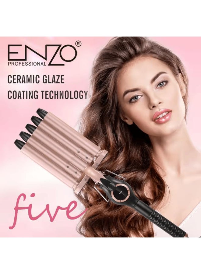 ENZO Professional إنزو EN-1970 مكواة شعر بخمسة أسطوانات - جهاز تجعيد شعر احترافي مع طلاء سيراميكي، تسخين سريع، درجة حرارة قابلة للتعديل، ونقطة باردة - مثالي لتموجات الشاطئ وتجعيدات كثيفة - النسخة الدولية - Image 2