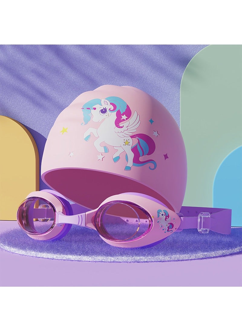 YUKE Cartoon Cute Swimming Goggles Set for Kids with Swimming Cap Leak-proof UV Protection Waterproof Anti-fog Professional Swim Goggles Clear Vision Underwater (Purple) - Image 1