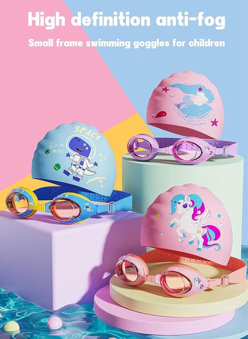 YUKE Cartoon Cute Swimming Goggles Set for Kids with Swimming Cap Leak-proof UV Protection Waterproof Anti-fog Professional Swim Goggles Clear Vision Underwater (Purple) - Image 2