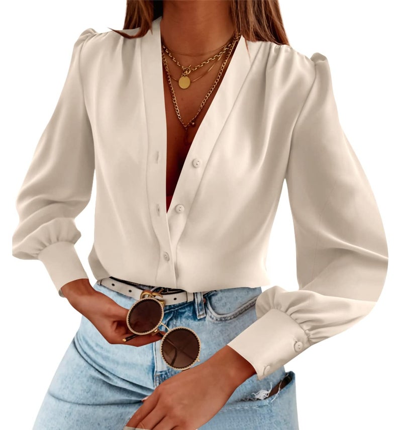 Flowyair Women's Business Casual Tops Summer Long Sleeve Button Down Shirts V Neck Chiffon Blouses A-Beige - Image 1