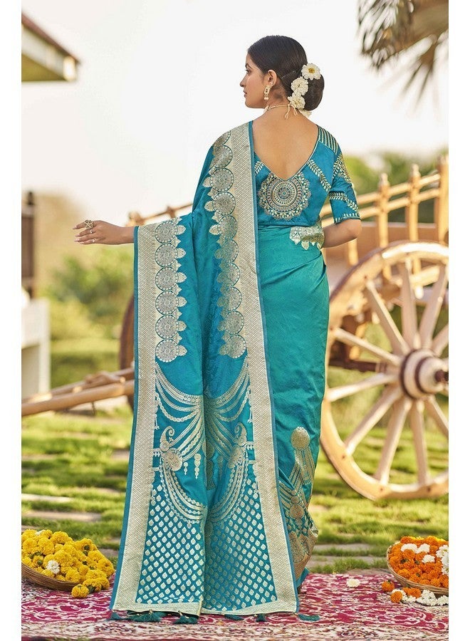 Manohari ساري حرير بناراسي مزخرف رائع للنساء مع قطعة بلوزة_MN1743 - Image 5