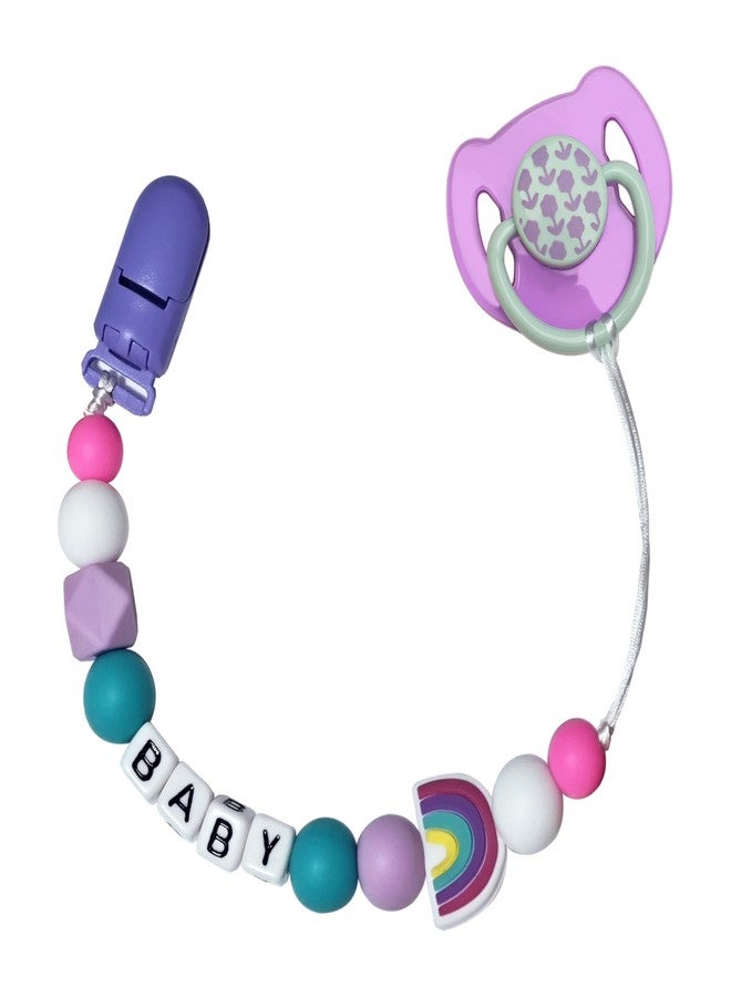 HELERKOL Pacifier Clip Chain with Magnetic Pacifier for Reborn Baby Dolls Feeding Toy Accessories for Kids Gift (Purple Flower + Rainbow Clip Chain)
