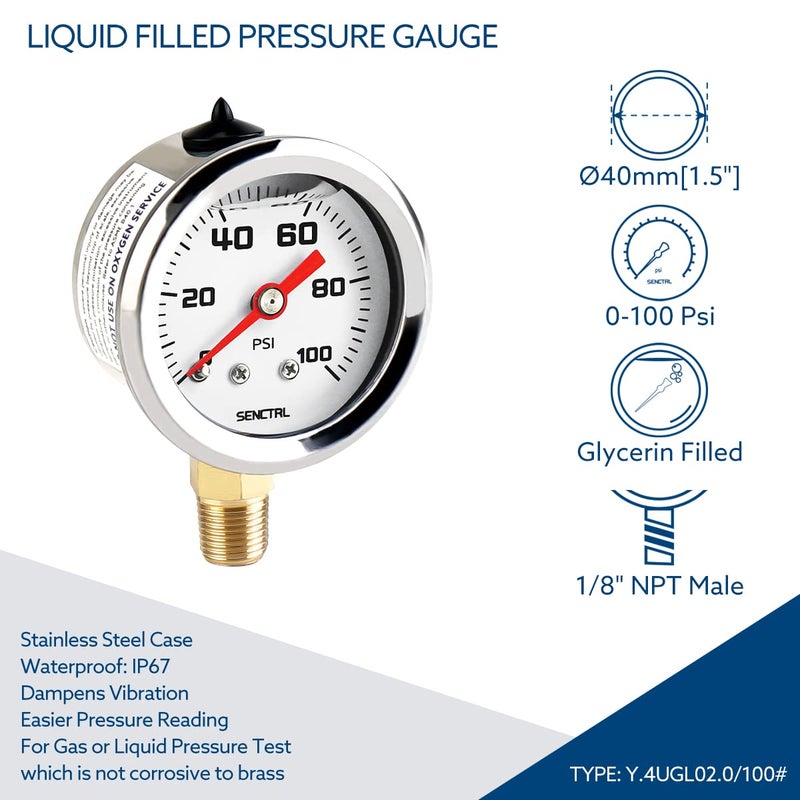 SENCTRL 0-100 PSI Fuel Pressure Gauge - 1-1/2" Dial, Glycerin Filled, Stainless Steel Case - Image 2