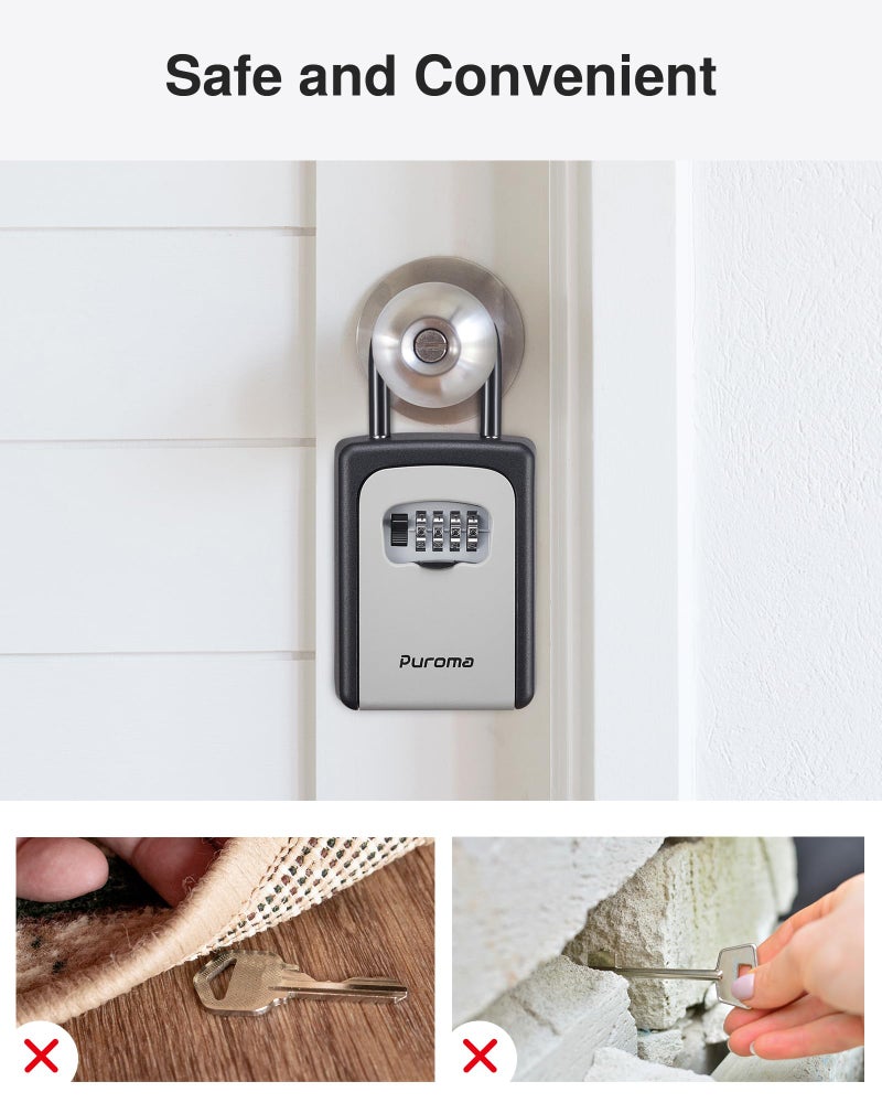 Puroma Lock Box, Large Key Lock Box Resettable Combination Code Lockbox, Portable Wall Mount Lockbox Security Safe Box for Outside Outdoor Home Office Door Handle House Key, Gray (2 Pack) - Image 3