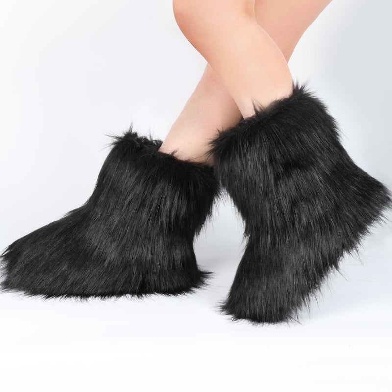 ZVC Women's Faux Fur Boots Furry Comfortable Snow Boots Warm Fluffy Winter Boot Fuzzy Mid-Calf Boot Outdoor Indoor Flat Shoes - Image 3
