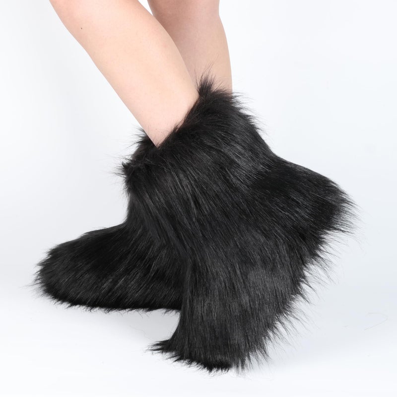 ZVC Women's Faux Fur Boots Furry Comfortable Snow Boots Warm Fluffy Winter Boot Fuzzy Mid-Calf Boot Outdoor Indoor Flat Shoes - Image 2