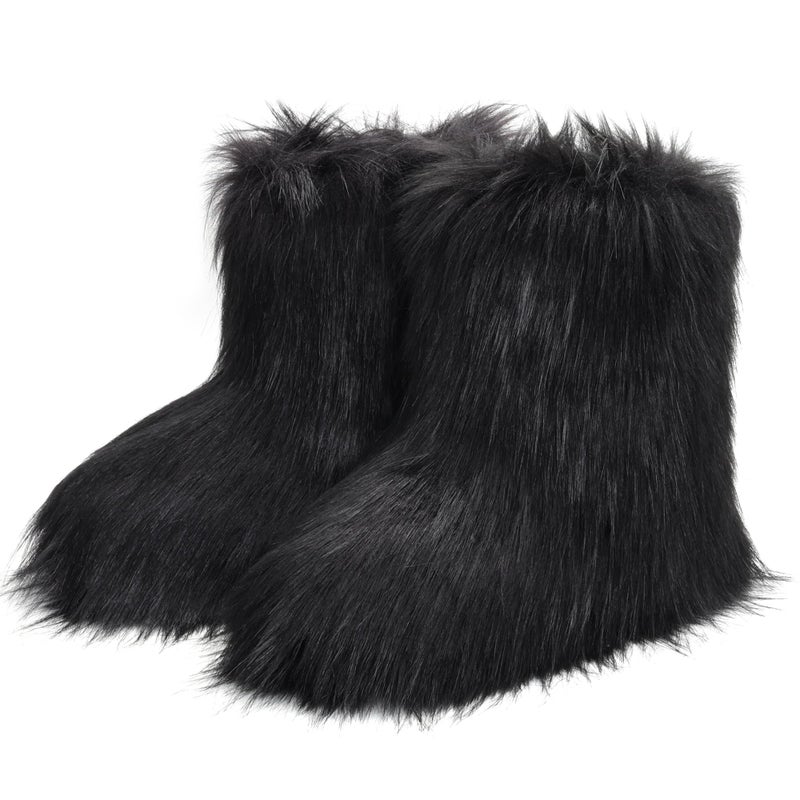 ZVC Women's Faux Fur Boots Furry Comfortable Snow Boots Warm Fluffy Winter Boot Fuzzy Mid-Calf Boot Outdoor Indoor Flat Shoes - Image 1