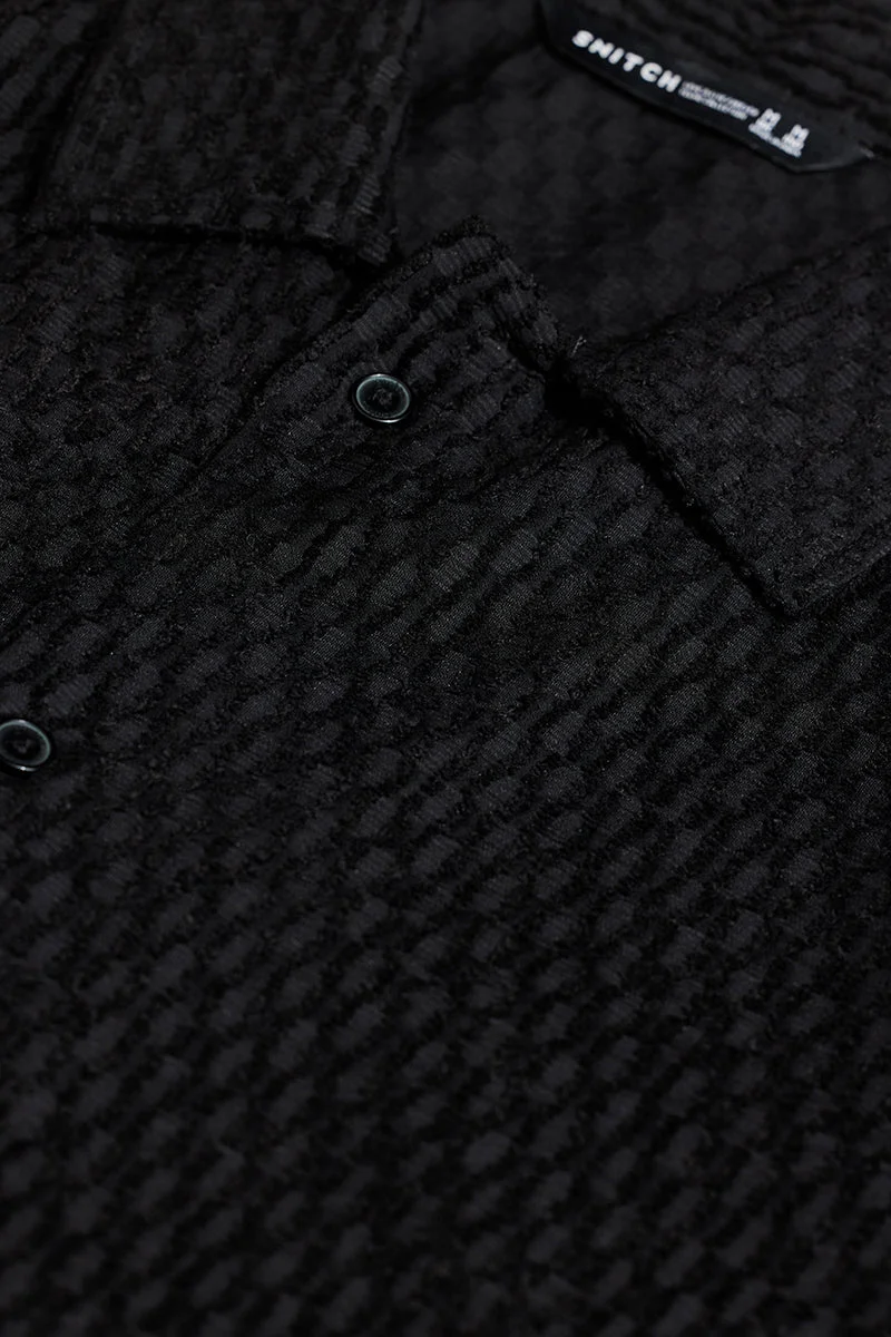 سنيتش Jet Black Textured Half Sleeve Oversized Casual Shirt