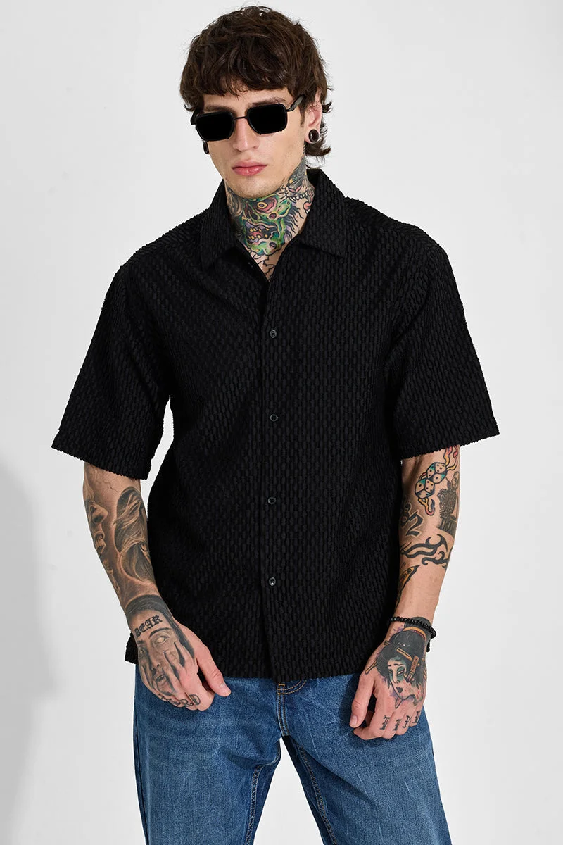 سنيتش Jet Black Textured Half Sleeve Oversized Casual Shirt