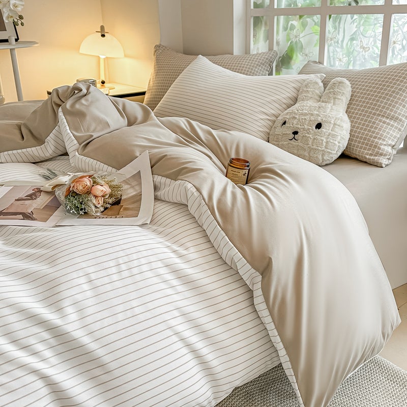 3pcs Minimalist Style, Three-Piece Set, Duvet Cover And Pillowcases Are Printed with Stripes And Plaid Patterns, Soft And Delicate, Breathable And Sweat-Wicking, Easy And Elegant, Machine Washable, Fashionable New Style, Cool And Breathable - Image 2