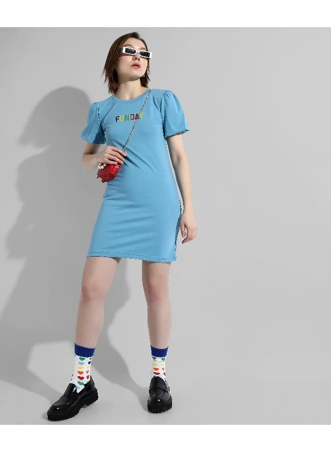 Campus Sutra Women's Printed Light Blue Regular Fit Dress