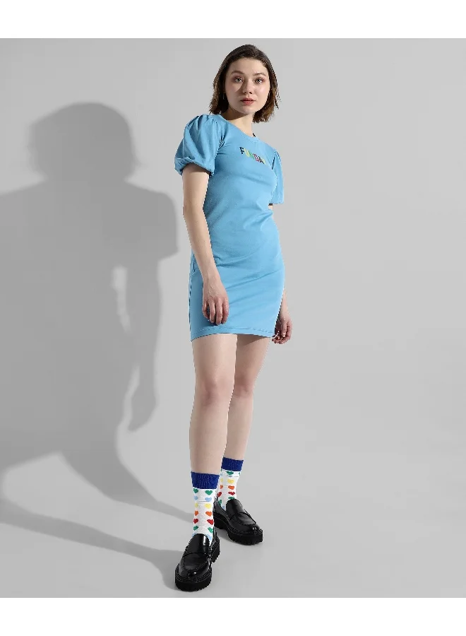 Campus Sutra Women's Printed Light Blue Regular Fit Dress