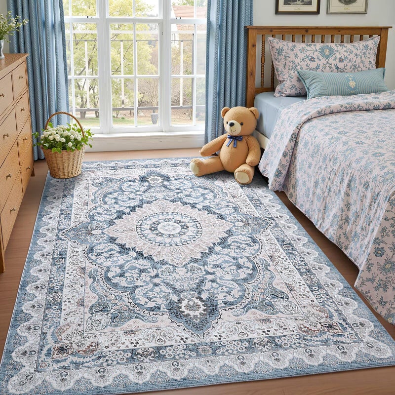 Macgace 6x9 Area Rug for Bedroom, Machine Washable Rugs with Non-Slip Backing for Living Room, Large Vintage Carpet Kitchen Laundry Kids Room Decor, Blue & Beige - Image 2
