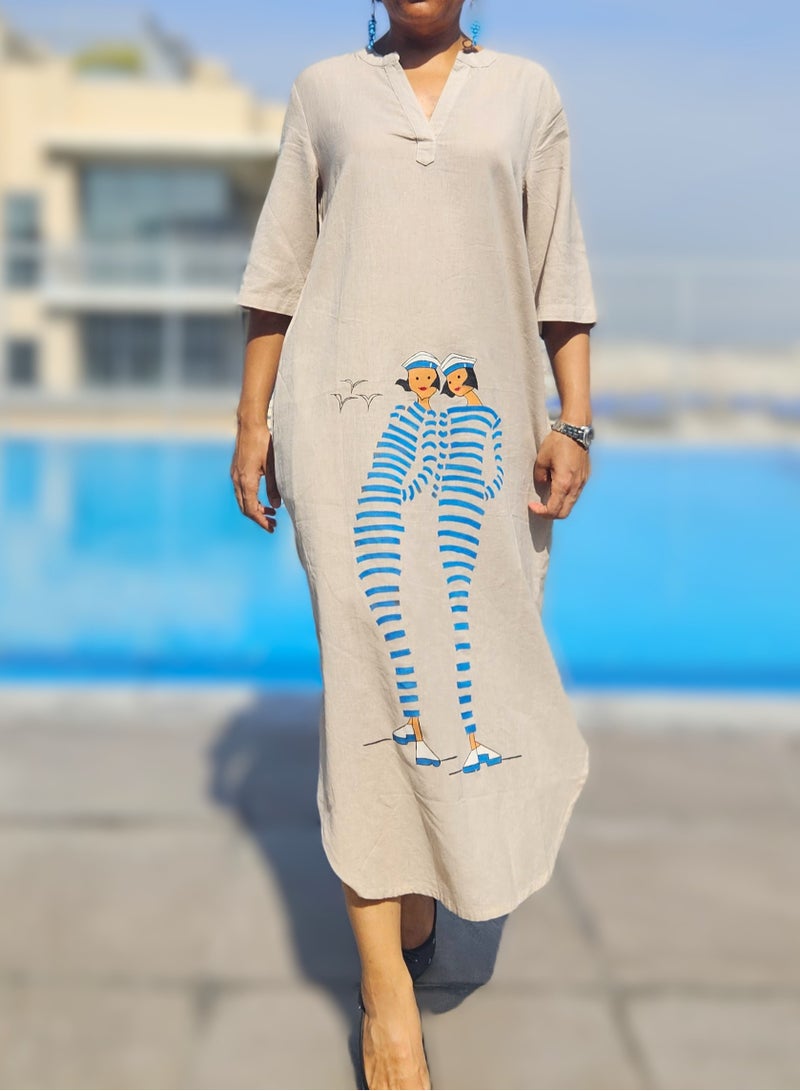 JewelOnPalette Hand painted Long Dress with Nautical Seaside Artwork, 100% Cotton Eco-Friendly, Unique Women-Sailor Design, Relaxed Fit with 2 Pockets for Resort, Travel, Lounge and Casual Wear  - Image 1