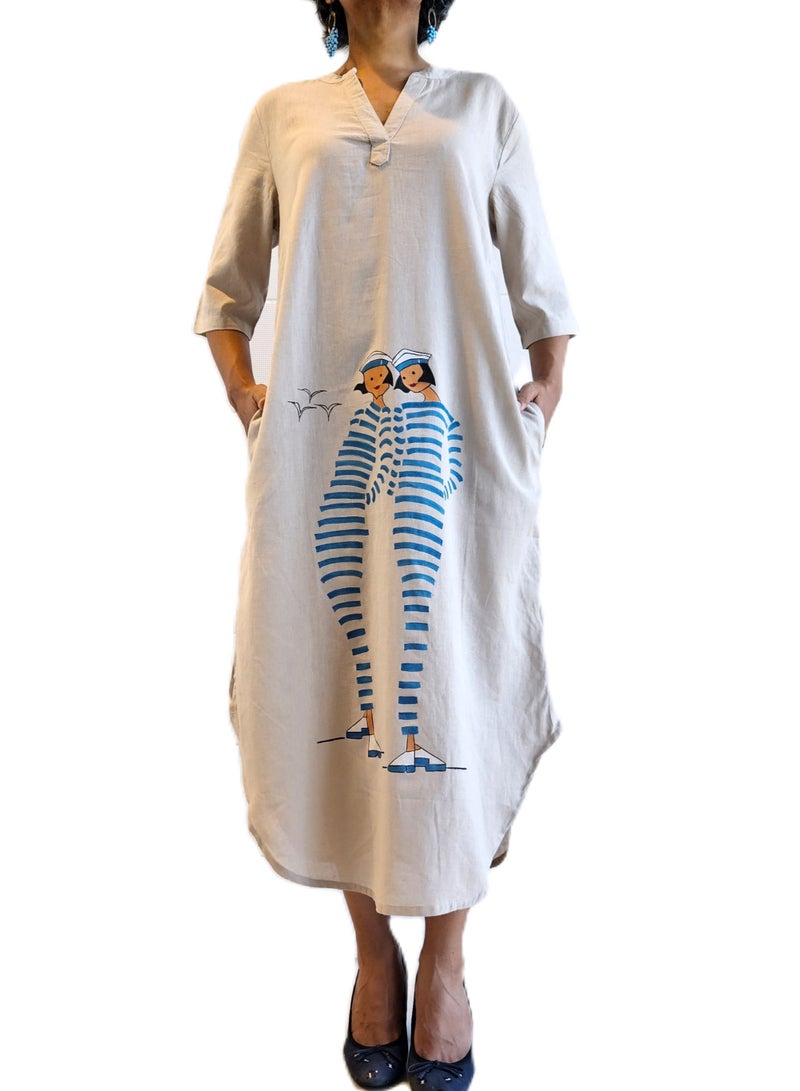 JewelOnPalette Hand painted Long Dress with Nautical Seaside Artwork, 100% Cotton Eco-Friendly, Unique Women-Sailor Design, Relaxed Fit with 2 Pockets for Resort, Travel, Lounge and Casual Wear  - Image 2