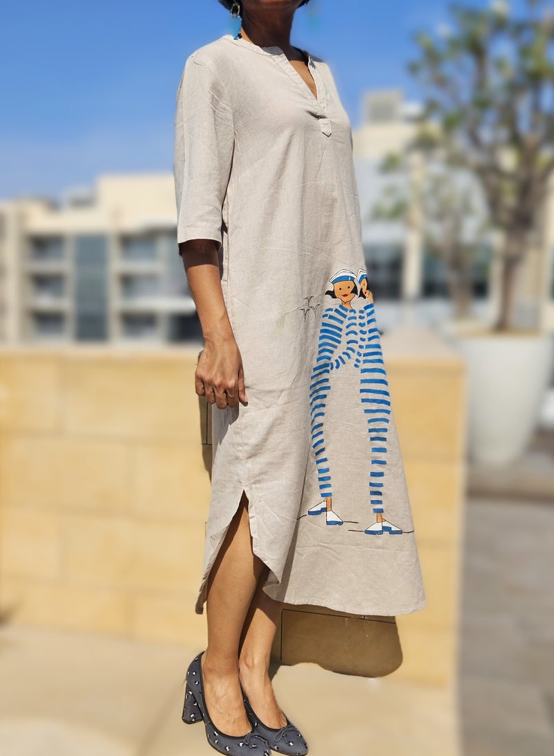 JewelOnPalette Hand painted Long Dress with Nautical Seaside Artwork, 100% Cotton Eco-Friendly, Unique Women-Sailor Design, Relaxed Fit with 2 Pockets for Resort, Travel, Lounge and Casual Wear  - Image 5