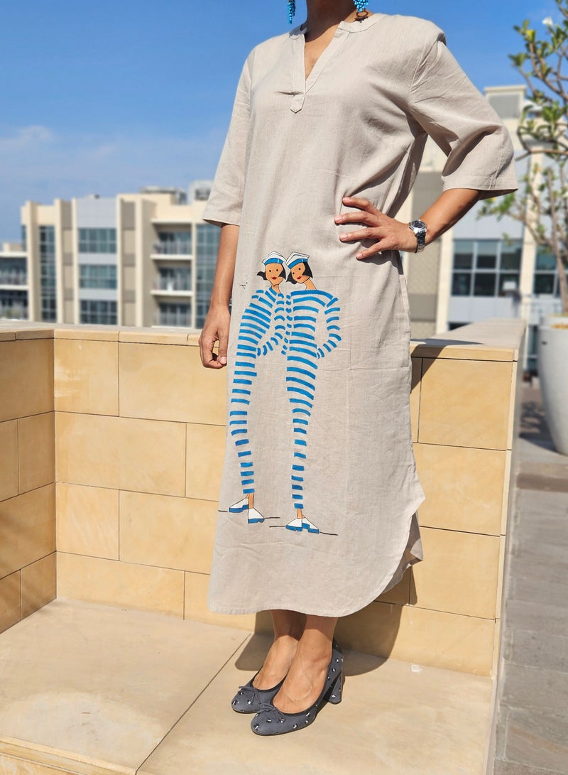 JewelOnPalette Hand painted Long Dress with Nautical Seaside Artwork, 100% Cotton Eco-Friendly, Unique Women-Sailor Design, Relaxed Fit with 2 Pockets for Resort, Travel, Lounge and Casual Wear  - Image 3