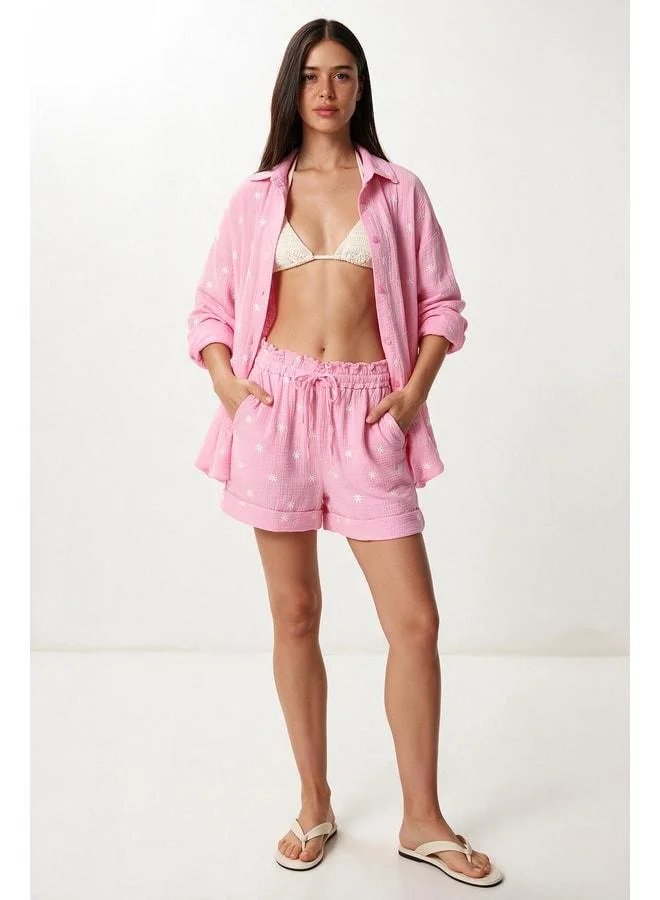 Lovely Istanbul Embroidered Muslin Shirt and Shorts Set LAX0014 Sugar Pink.