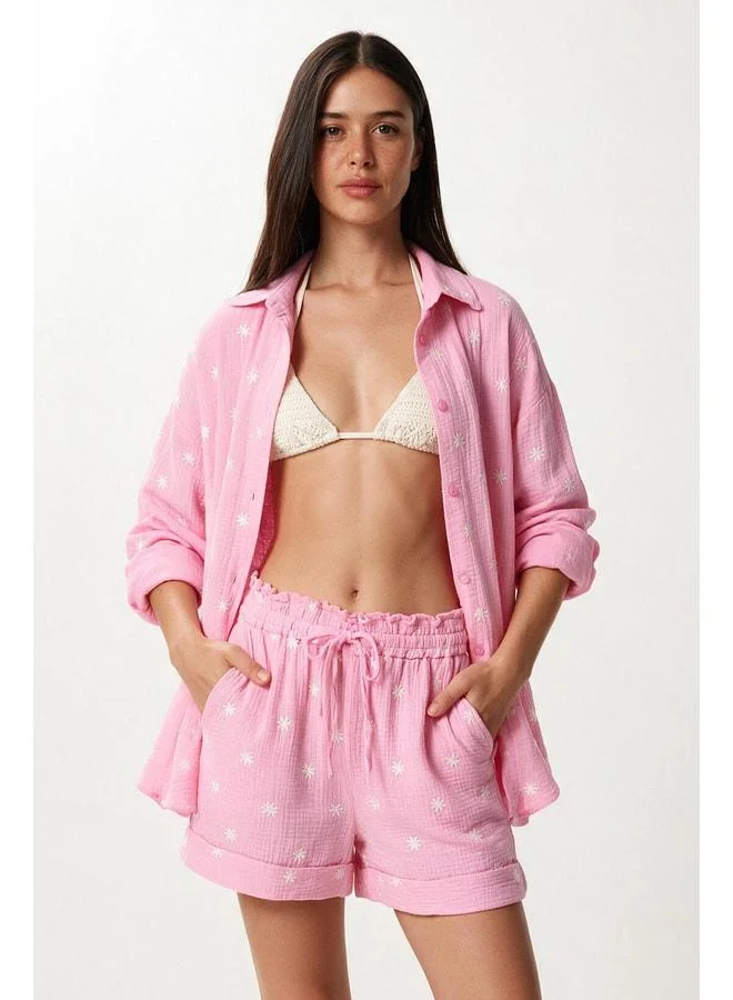 Lovely Istanbul Embroidered Muslin Shirt and Shorts Set LAX0014 Sugar Pink.