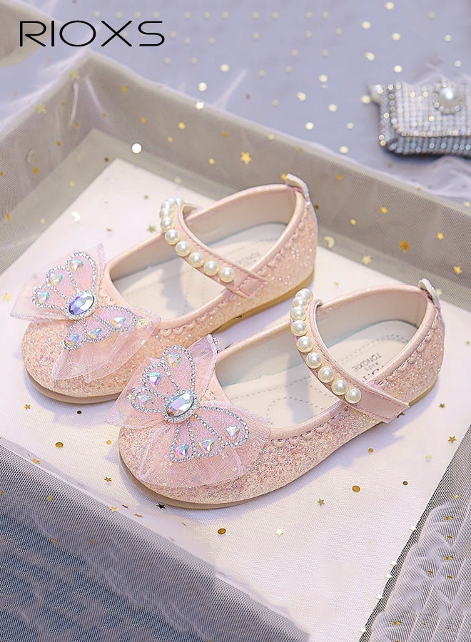 ريوكس حذاء ماري جين الرسمي للفتيات مع فيونكة، حذاء باليه أميرة لامع مسطح مع حزام من اللؤلؤ للأطفال الصغار، حذاء سهل الارتداء لحفلات المدارس والحفلات الراقصة والتخرج، وردي - Image 2