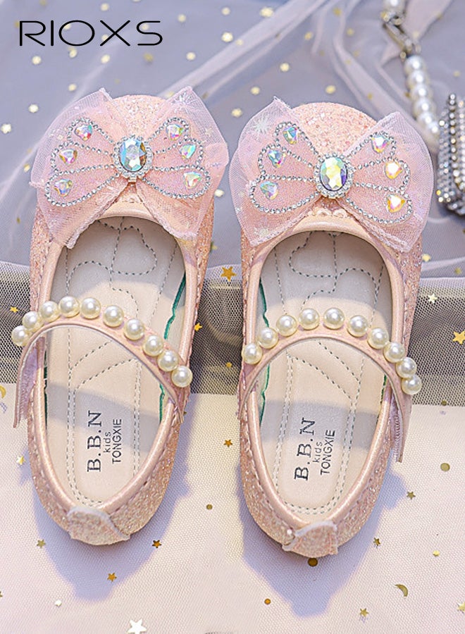 ريوكس حذاء ماري جين الرسمي للفتيات مع فيونكة، حذاء باليه أميرة لامع مسطح مع حزام من اللؤلؤ للأطفال الصغار، حذاء سهل الارتداء لحفلات المدارس والحفلات الراقصة والتخرج، وردي - Image 1