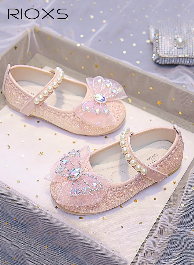 ريوكس حذاء ماري جين الرسمي للفتيات مع فيونكة، حذاء باليه أميرة لامع مسطح مع حزام من اللؤلؤ للأطفال الصغار، حذاء سهل الارتداء لحفلات المدارس والحفلات الراقصة والتخرج، وردي - Image 3