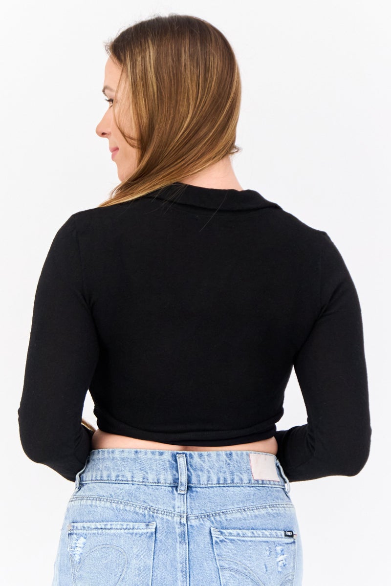 POOF Women Spread Collar Long Sleeve Plain Top, Black - Image 4