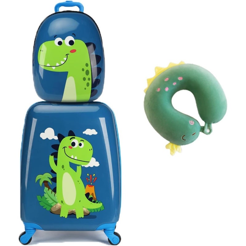 3Pcs Luggage Set, 18 Inch Travel Suitcase, Cartoon Rolling Luggages, Child Trolley Bag with 14-Inch Backpack, U-Shaped Pillow, Wheels and Telescopic Handle Blue - Image 1