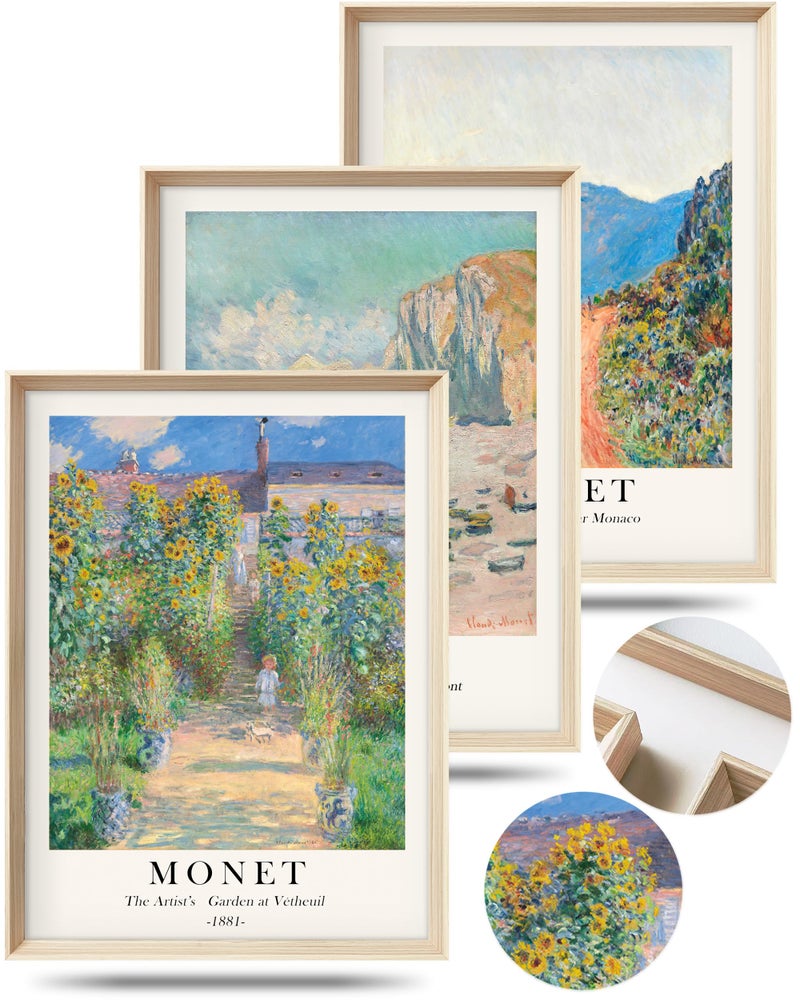 HesenDot Framed Claude Monet Wall Art 3 Piece,12x16in High Framed Design Canvas Prints Wall Decor,Vintage Impressionism Landscape Artwork Poster Home Decoration for Living Room Bedroom Gallery Office - Image 1