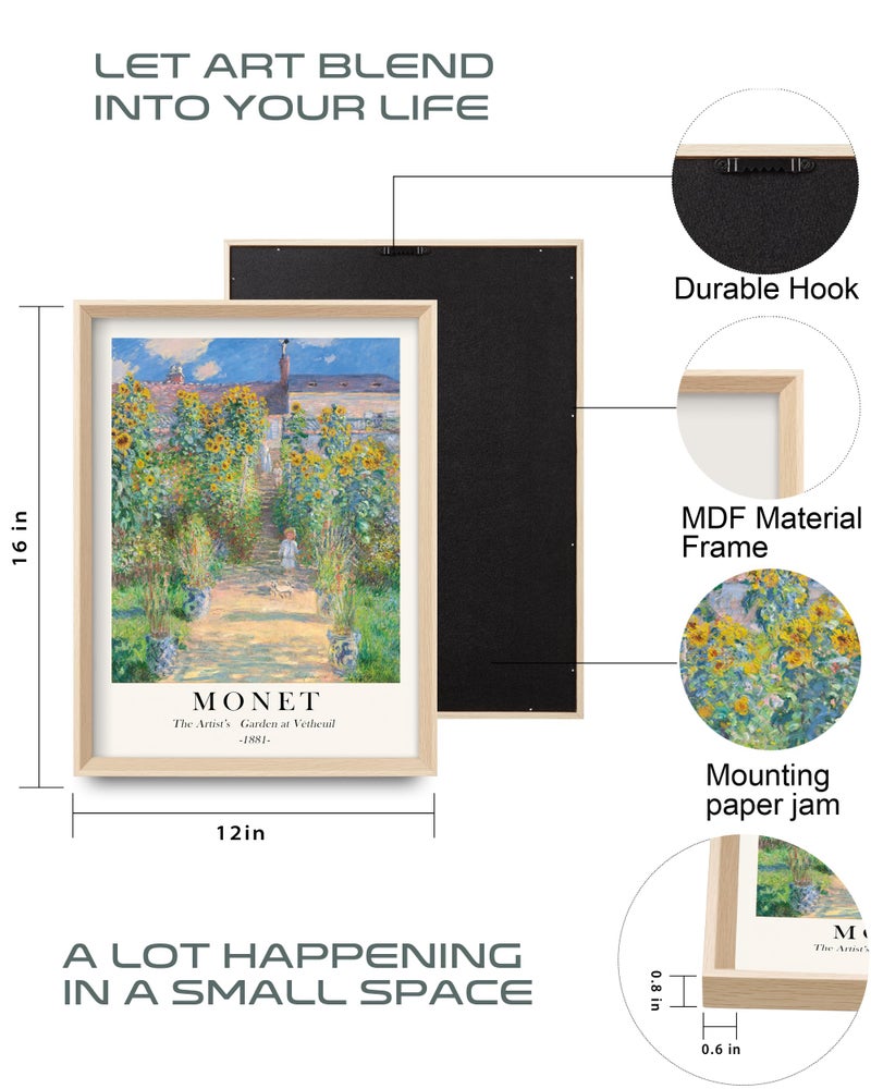HesenDot Framed Claude Monet Wall Art 3 Piece,12x16in High Framed Design Canvas Prints Wall Decor,Vintage Impressionism Landscape Artwork Poster Home Decoration for Living Room Bedroom Gallery Office - Image 3