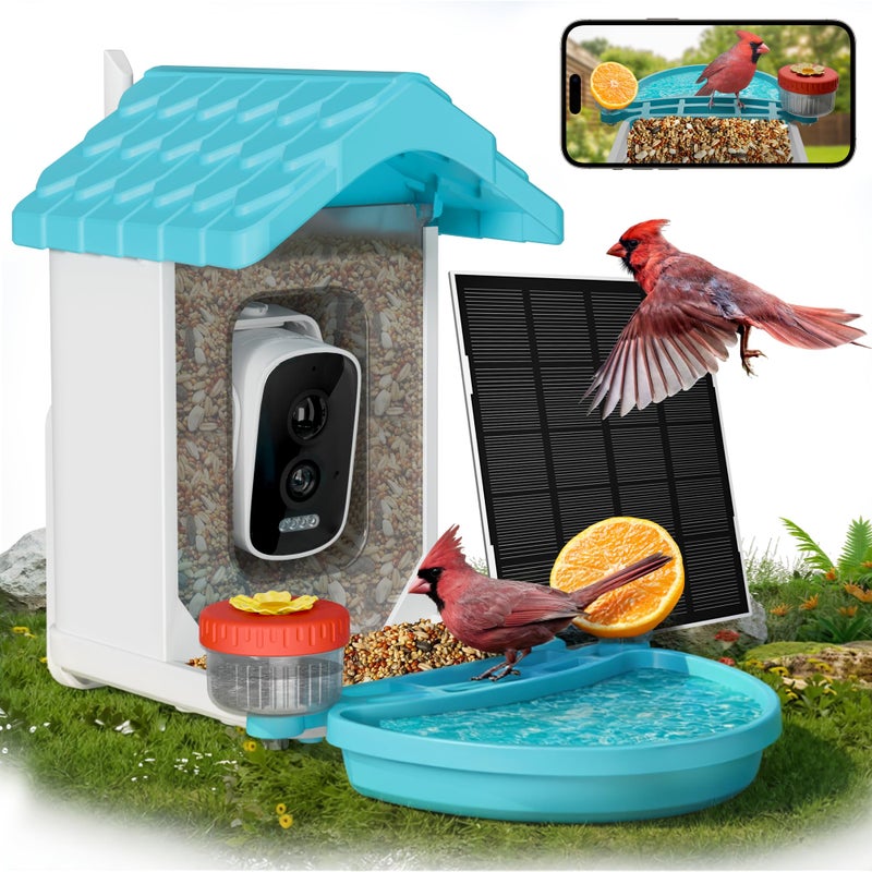 VISIOGEAR 2-in-1 Smart Wild Bird Feeder & Bath with 4K HD Camera, AI Identification Solar Bird Feeder Watching Camera Night Vision for Outdoor Birds Watching Gifts for Birdlover, Blue - Image 1