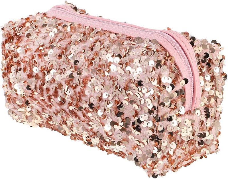 Large Capacity Sequin Makeup Bag Square Travel Toiletry Organizer Pouch Pink - Image 1