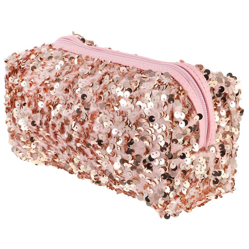 Large Capacity Sequin Makeup Bag Square Travel Toiletry Organizer Pouch Pink - Image 2