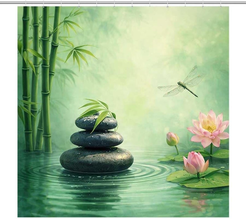 Bamboo, Stones, Lotus, and Dragonfly in waterShower Curtain for Bathroom Waterproof Tan Shower Curtain with Hooks 71 inch x 71 inch - Image 1
