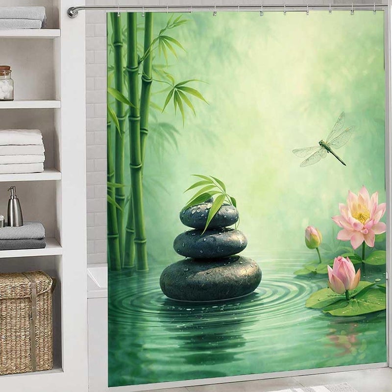 Bamboo, Stones, Lotus, and Dragonfly in waterShower Curtain for Bathroom Waterproof Tan Shower Curtain with Hooks 71 inch x 71 inch - Image 2