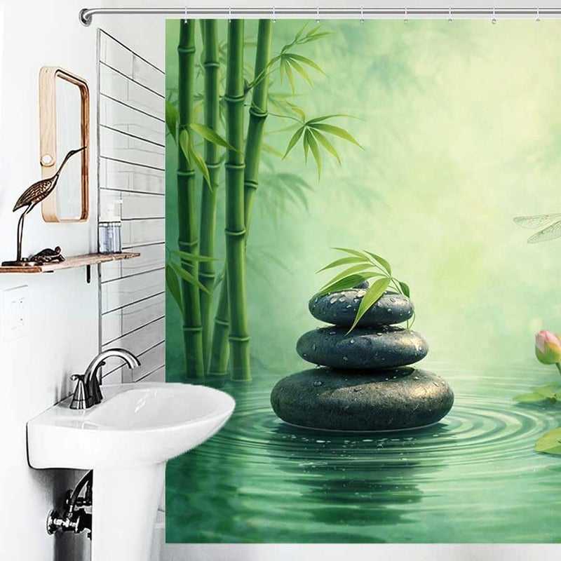 Bamboo, Stones, Lotus, and Dragonfly in waterShower Curtain for Bathroom Waterproof Tan Shower Curtain with Hooks 71 inch x 71 inch - Image 4
