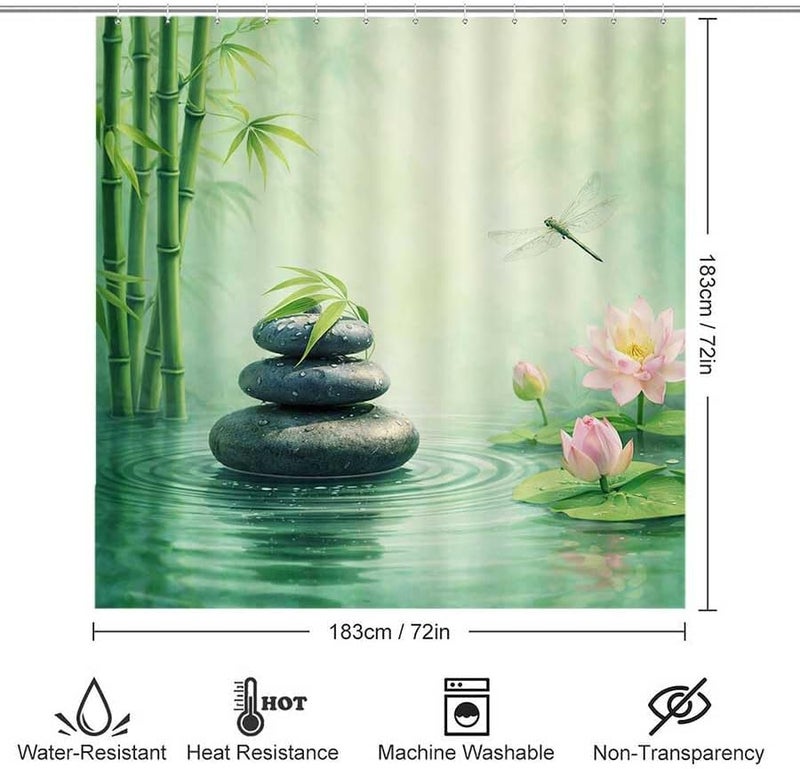 Bamboo, Stones, Lotus, and Dragonfly in waterShower Curtain for Bathroom Waterproof Tan Shower Curtain with Hooks 71 inch x 71 inch - Image 3