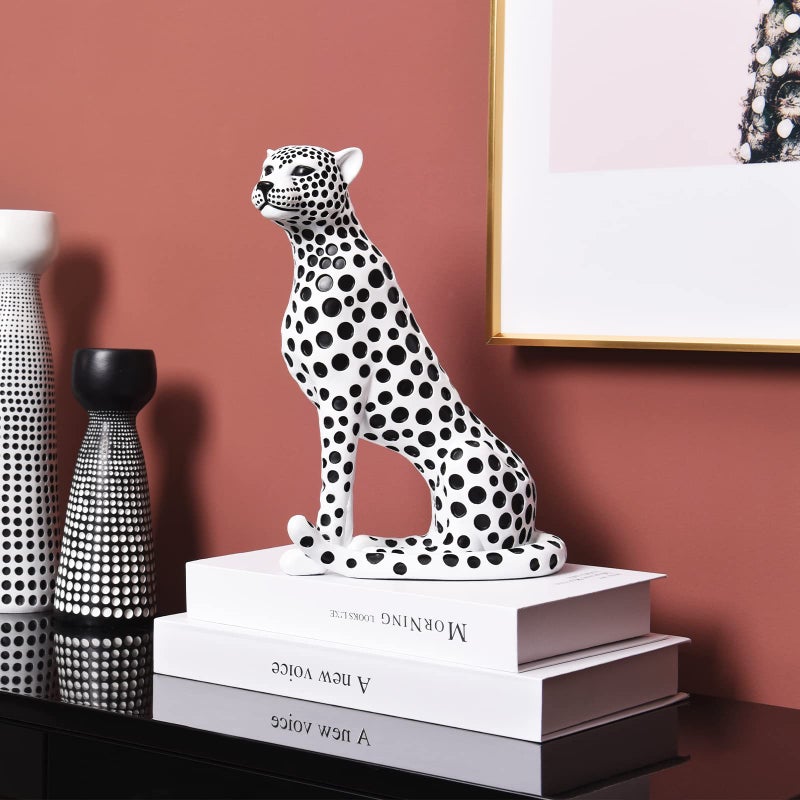 Quoowiit Statues for Home Decor, Modern Sculptures and Statues Decorations for Living Room, Bedroom, Table, Bookshelf, White Resin Leopard Art Decorative Sculpture with Black Polka Dots Design - Image 4