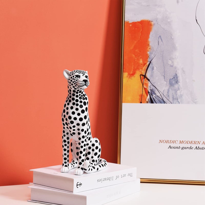 Quoowiit Statues for Home Decor, Modern Sculptures and Statues Decorations for Living Room, Bedroom, Table, Bookshelf, White Resin Leopard Art Decorative Sculpture with Black Polka Dots Design - Image 3
