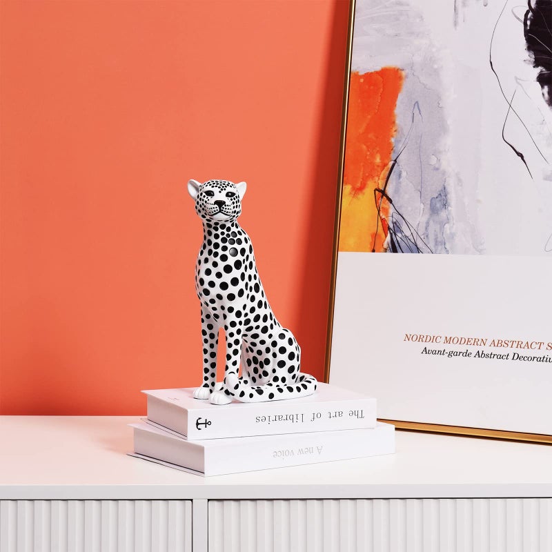 Quoowiit Statues for Home Decor, Modern Sculptures and Statues Decorations for Living Room, Bedroom, Table, Bookshelf, White Resin Leopard Art Decorative Sculpture with Black Polka Dots Design - Image 2