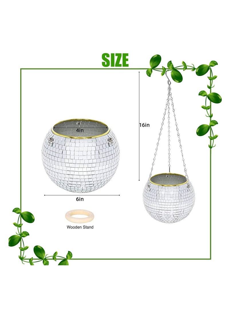 6 Inches Disco Ball Plant Hanger, Disco Ball Planter with Hook and Wooden Stand, Disco Planter Pots for Indoor Outdoor Plants Home Decor - Image 2
