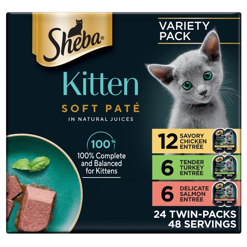 Sheba Perfect Portions Kitten Wet Cat Food Pate Chicken Entree, Salmon Entree, and Turkey Entree, 2.6 oz. Twin-Pack Trays (24 Count, 48 Servings) - Image 1