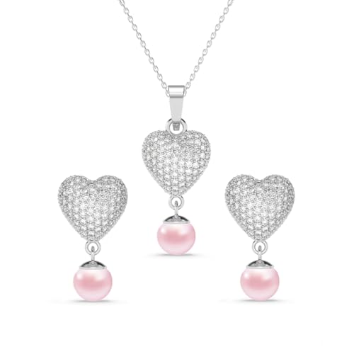 Clara 925 Sterling Silver Nazy Pink Pearl Heart Pendant Earrings Chain Necklace Jewellery Set | Platinum Plated, Swiss Zirconia |Gift for Women and Girls - Image 1